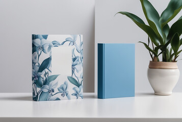 hard cover book design mockup photograph ;blue and white color shaded  cover page design template for a story book; creative product display with plants