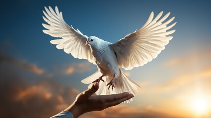 A white dove of peace flies over the earth and brings peace and tranquility in the sky
