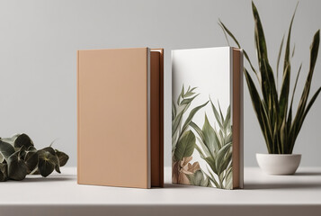 Template for vintage book cover designs ; product display of book with earth color tone cover page with creative brown and white design with tree leaves