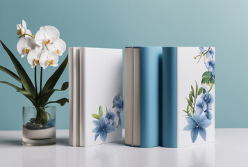 hard cover book design mockup photograph ;blue and white color shaded orchids cover page design template for a story book; creative product display with plants