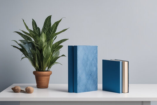 hard cover book design mockup photograph ;blue and white color shaded cover page design template for a story book; creative product display with plants