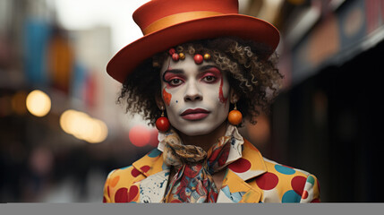 Mr Clown close up face. Portrait of Funny face Clown man in colorful uniform