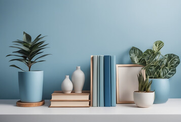 Creative arrangement of a book table, with houseplants in pots. Solid soft blue color scheme