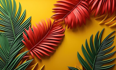 Fototapeta na wymiar Colorful Tropical leaves in a bright coloured pattern on a yellow background