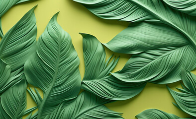 Colorful Tropical leaves in a bright coloured pattern on a green background