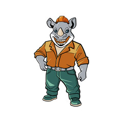 Cartoon style Rhinoceros Builder worker mascot logo