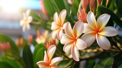 With an artistically blurred background of green leaves, other frangipani blossoms, and a white wall, the focus is on peach-colored frangipani blooms.