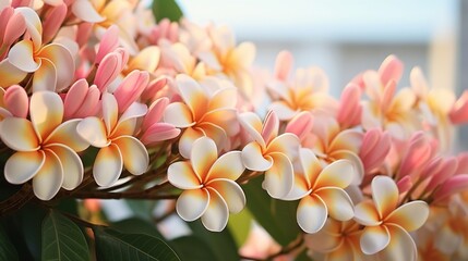 With an artistically blurred background of green leaves, other frangipani blossoms, and a white wall, the focus is on peach-colored frangipani blooms.