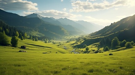 a view of Romania's stunning landscape. afternoon sun. beautiful alpine scenery in the spring. undulating hills and a grassy field. rural