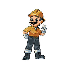 cartoon of Handyman professional Home builder standing and do peace sign