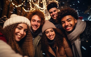 Happy multicultural guys and girls taking selfie on warm fashion clothes at a Christmas tree - obrazy, fototapety, plakaty
