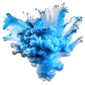 Blue paint splash explosion smoke cloud isolated on transparent background