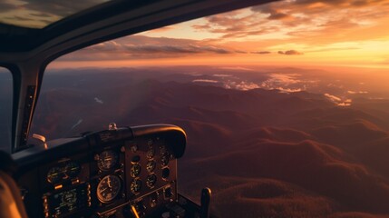 Aerial shot of the Blue Ridge Mountains at sunset as seen from a private aircraft's cockpit. clouds in the sky. a sky background,