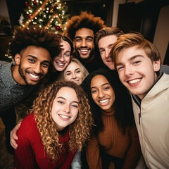 Obraz premium Happy multicultural guys and girls taking selfie on warm fashion clothes at a Christmas tree