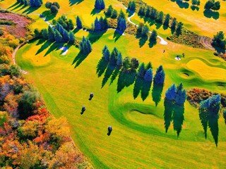 Aerial view of beautiful golf course in Ontario, Canada under autumn colours