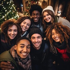 Fototapeta premium Happy multicultural guys and girls taking selfie on warm fashion clothes at a Christmas tree