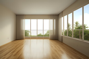 Beige studio interior with hardwood floor, front view, empty open space apartment with shelf and panoramic window on tropics