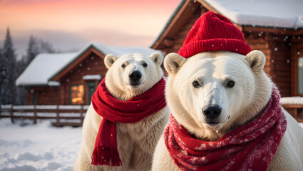 a majestic polar bear, enveloped in a cozy red scarf, stands proudly on a snow-covered plain. Nearby, a charming wooden house, adorned with festive Christmas decorations.
