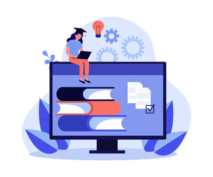 Digital resource library on computer screen vector illustration. Female student with laptop studying course materials, books and documents online. Education, e-learning concept