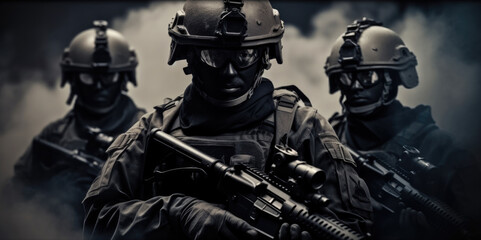 Army servicemen in ranger helmet with weapons. - obrazy, fototapety, plakaty