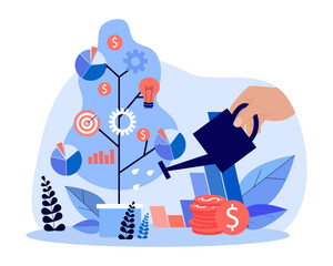 Hand watering money tree vector illustration. Chart, target, lightbulb and coin icons on growing tree, entrepreneur working on business growth and development. Finance, wealth, profit concept