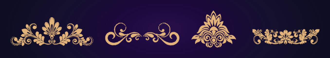 Set of gold vintage frame and corners icon. Vector illustration.