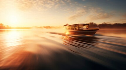 motorboat on a lake with bright sky