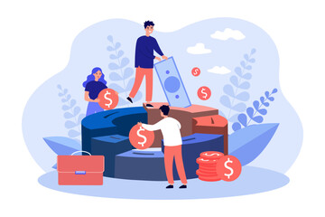 People saving money in pie chart segments vector illustration. Businessmen and women investing money for business development and growth. Finance, diversified portfolio, business approach concept