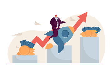 Obraz premium Businessman on rocket as symbol of growth vector illustration. Cartoon drawing of growing income, stages of financial development. Finances, business, success, profit, investment concept