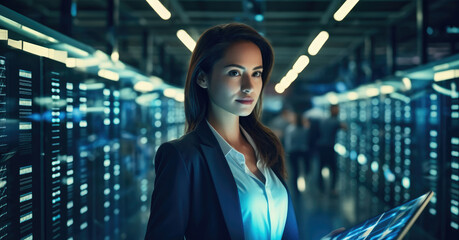 Female Technician working in server room or supercomputer electricity backup room.