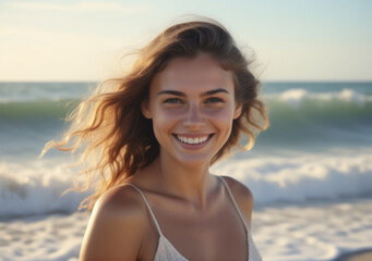 A beautiful woman at the beach smiling