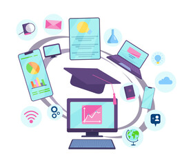 Digital learning tools for students vector illustration. Laptop, computer, smartphone, tablet with documents and infographics on screen for online studying. Education, e-learning concept