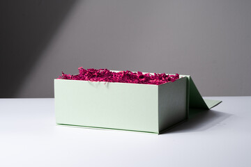 Square gift box, luxury shopping, mock up. White and gray background. Studio shot - 661274943
