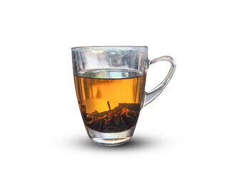 Hot oolong green tea in a transparent tea cup . Isolated image on white background for illustration.