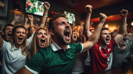 Excited group of friends cheering while watching football game at a bar.