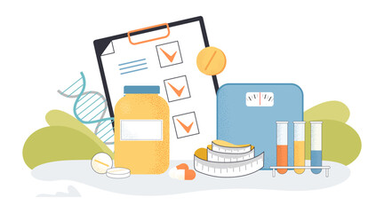 Drugs or pills and tools for losing weight vector illustration. Drawing of anti-obesity pills, laboratory equipment, scales and measuring tape. Obesity, health, pharmacy, medicine, dieting concept
