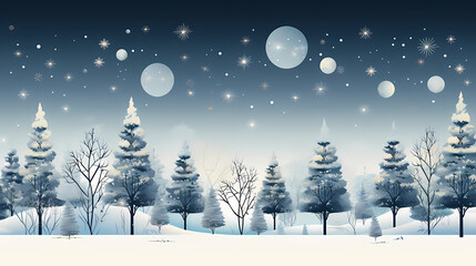 Fototapeta na wymiar the serenity and charm of a winter wonderland with minimalistic vectors of snowflakes, evergreen trees, and delicate ornaments, all in cool, wintry shades, evoking the magic of Christmas.