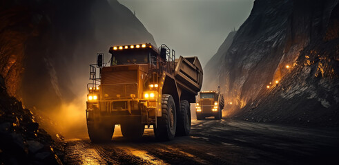 Large trucks for loading in mining, Coal Mining. - obrazy, fototapety, plakaty