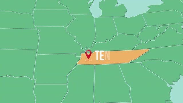 Mapa de los Estados Unidos de Am&eacute;rica con divisi&oacute;n pol&iacute;tica resaltando el estado de Tennessee