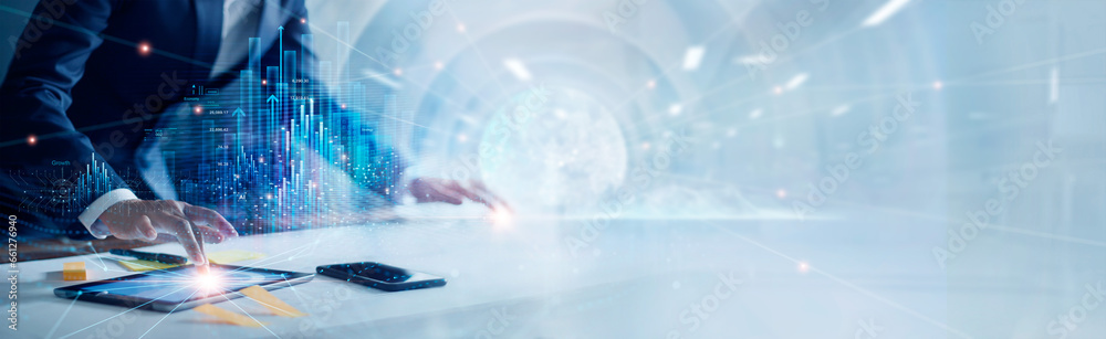Poster Business investing and data with economy and digital financial marketing chart graphs growth. Businessman synchronize and summary organize big data of exchange on business network.
