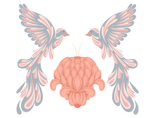 Vector illustration flying stylized birds and peony in pastel colors on white background. Card with fantasy birds and pink flower © veleri_kz