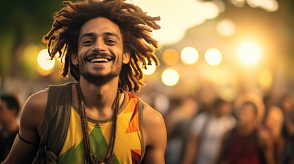 Portrait of a young man having fun in a reggae music festival.
