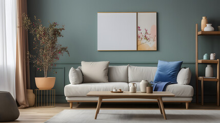 Aesthetic composition of cozy living room interior with mock up poster frame