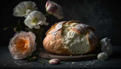 Delicious bread on dark background with peonies. Food art. Stunning light on the loaf of bread.