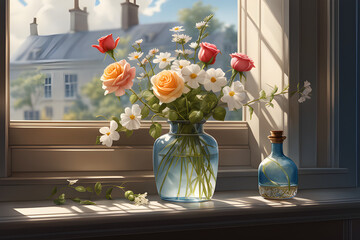 On a spring day, spring were blooming on the window sill. The vase is a glass bottle. Wildflowers and roses. Outside the window I see only blue sky, Generative AI