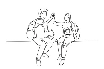 Single continuous line drawing young happy couple man and woman student sitting at chair after the class and giving high five gesture. Relationship concept. One line graphic design vector illustration