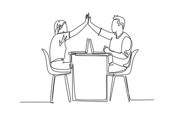 Single continuous line drawing two young happy couple man and woman work at cafe and giving high five gesture to celebrate successful. Business deal. One line draw graphic design vector illustration