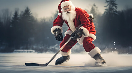 Santa Claus is playing ice hockey - obrazy, fototapety, plakaty