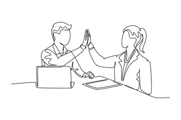 Single one line drawing businessman and businesswoman celebrating their successive goal at the business meeting with high five gesture. Modern continuous line draw design graphic vector illustration