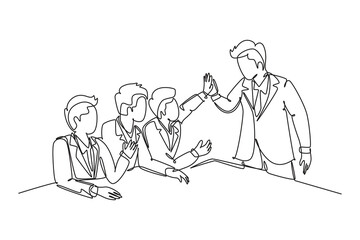 Single one line drawing group of businessmen celebrating their successive goal at the business meeting with high five gesture. Business deal concept. Continuous line design graphic vector illustration